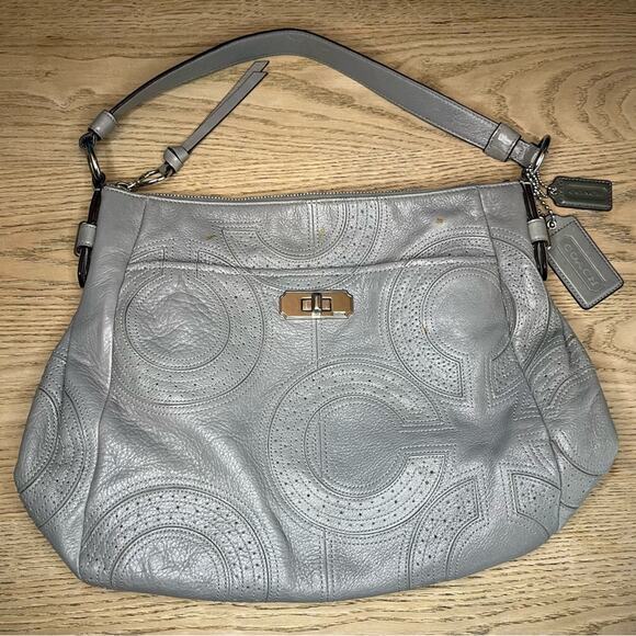 COACH Madison Leather Hobo Bag Stitched Monogram Gray Women’s Purse - Picture 1 of 10